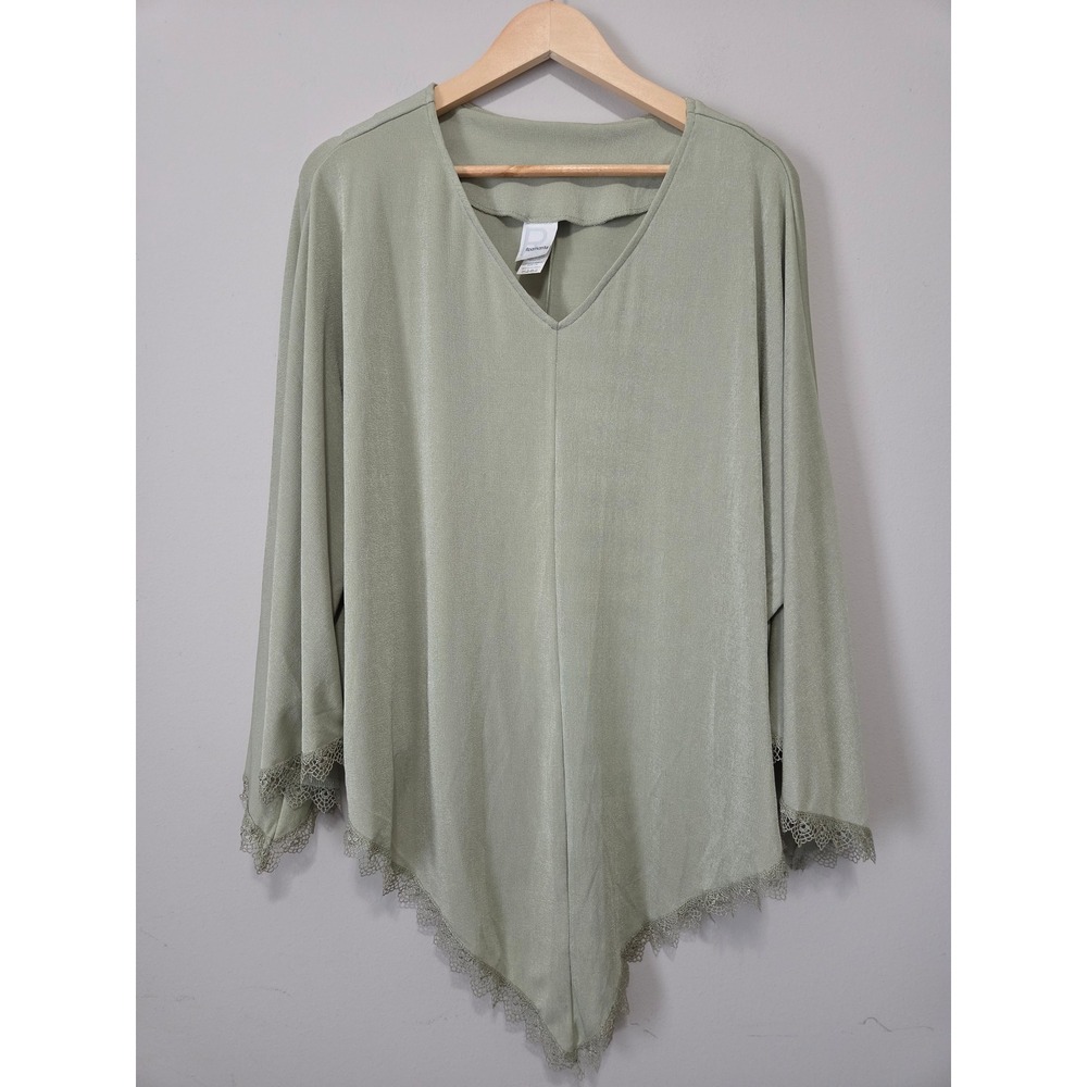 Roamans Womens Sage Green Lace Trim Sharkbite Hem V-Neck Tunic Top 1X 21-4580-3